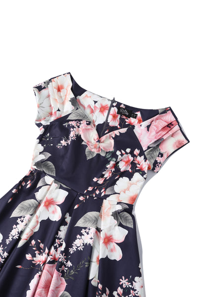 EU STOCK Lily Navy Blue Off Shoulder Large Floral Print Dress