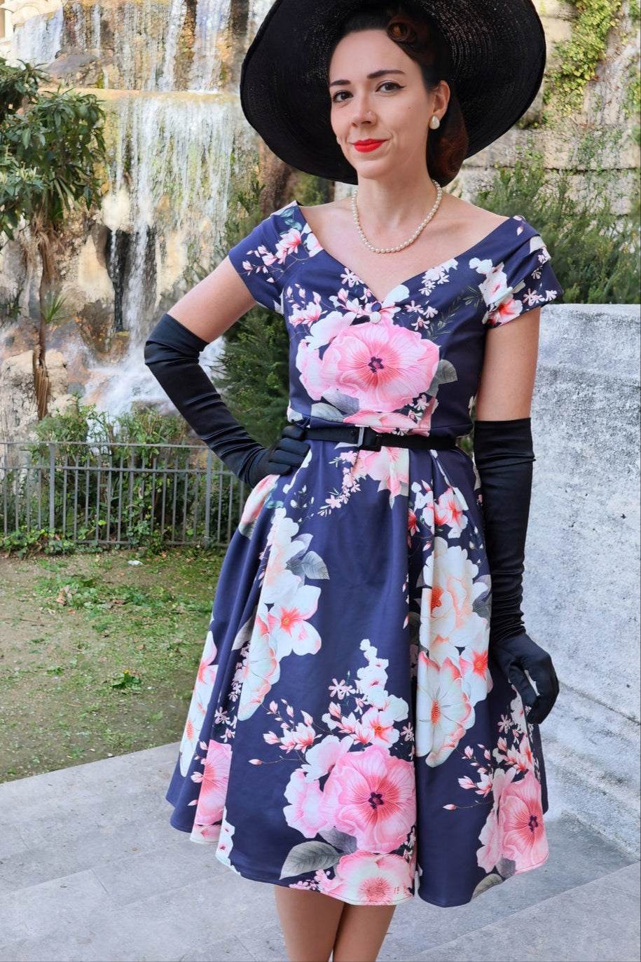 EU STOCK Lily Navy Blue Off Shoulder Large Floral Print Dress