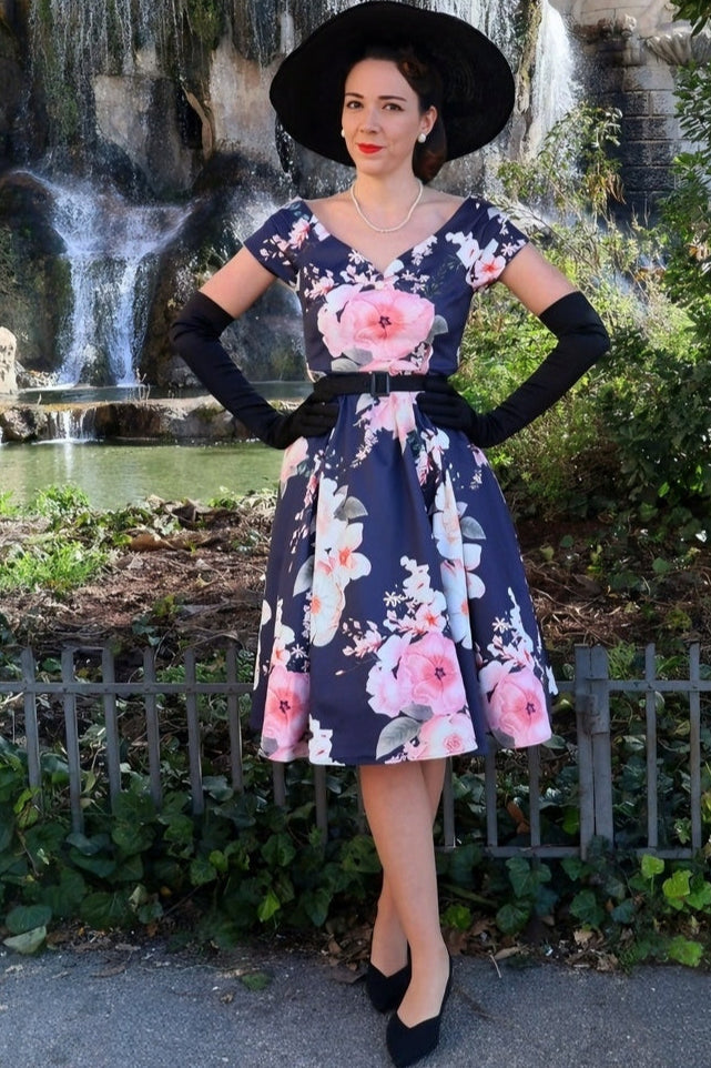 EU STOCK Lily Navy Blue Off Shoulder Large Floral Print Dress