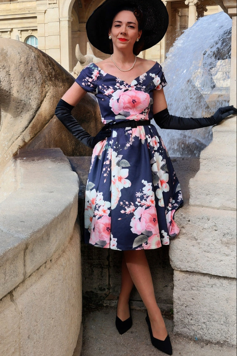 EU STOCK Lily Navy Blue Off Shoulder Large Floral Print Dress