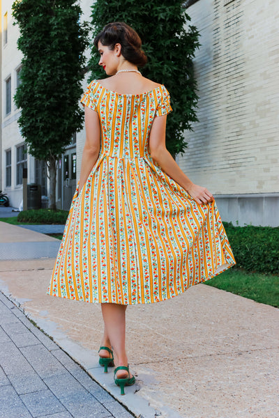PRE ORDER Lily Off Shoulder 50s Inspired Striped Orange Print Dress
