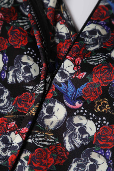 Lily Retro Off Shoulder Black Skulls & Roses Print Swing Dress