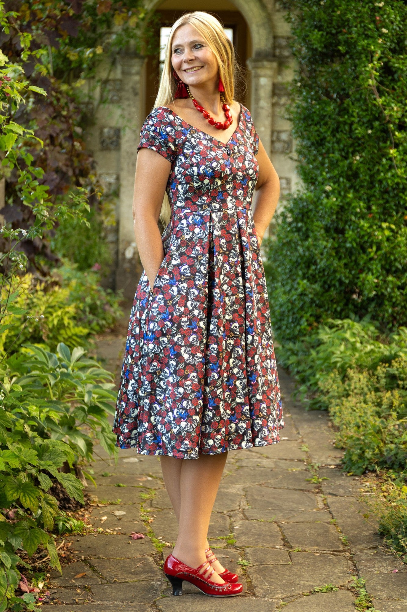 Lily Retro Off Shoulder Black Skulls & Roses Print Swing Dress