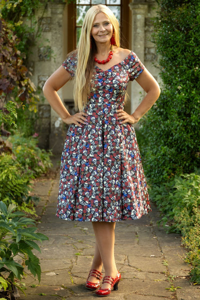 Lily Retro Off Shoulder Black Skulls & Roses Print Swing Dress