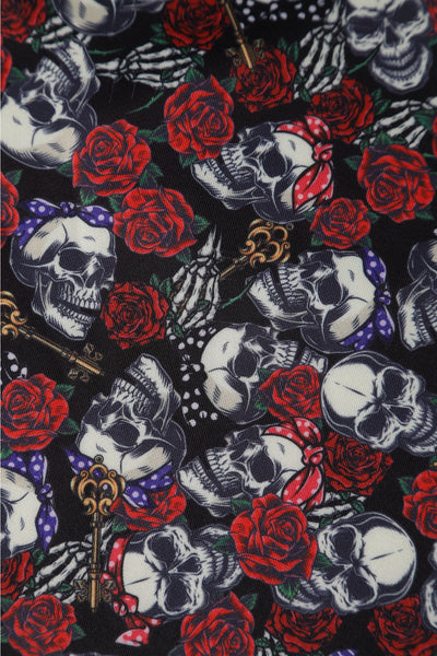 Lily Retro Off Shoulder Black Skulls & Roses Print Swing Dress