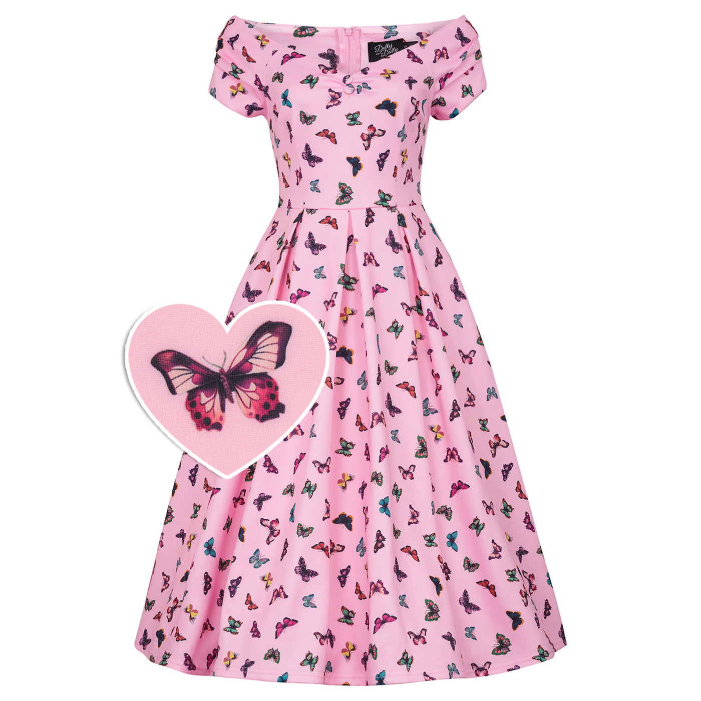 Lily Retro Off Shoulder Dress Pink & Colourful Butterflies