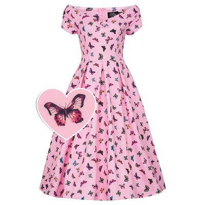 Lily Retro Off Shoulder Dress Pink & Colourful Butterflies