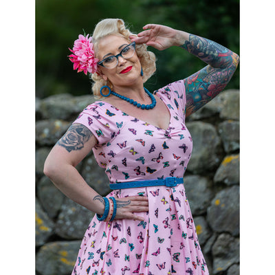 Lily Retro Off Shoulder Dress Pink & Colourful Butterflies