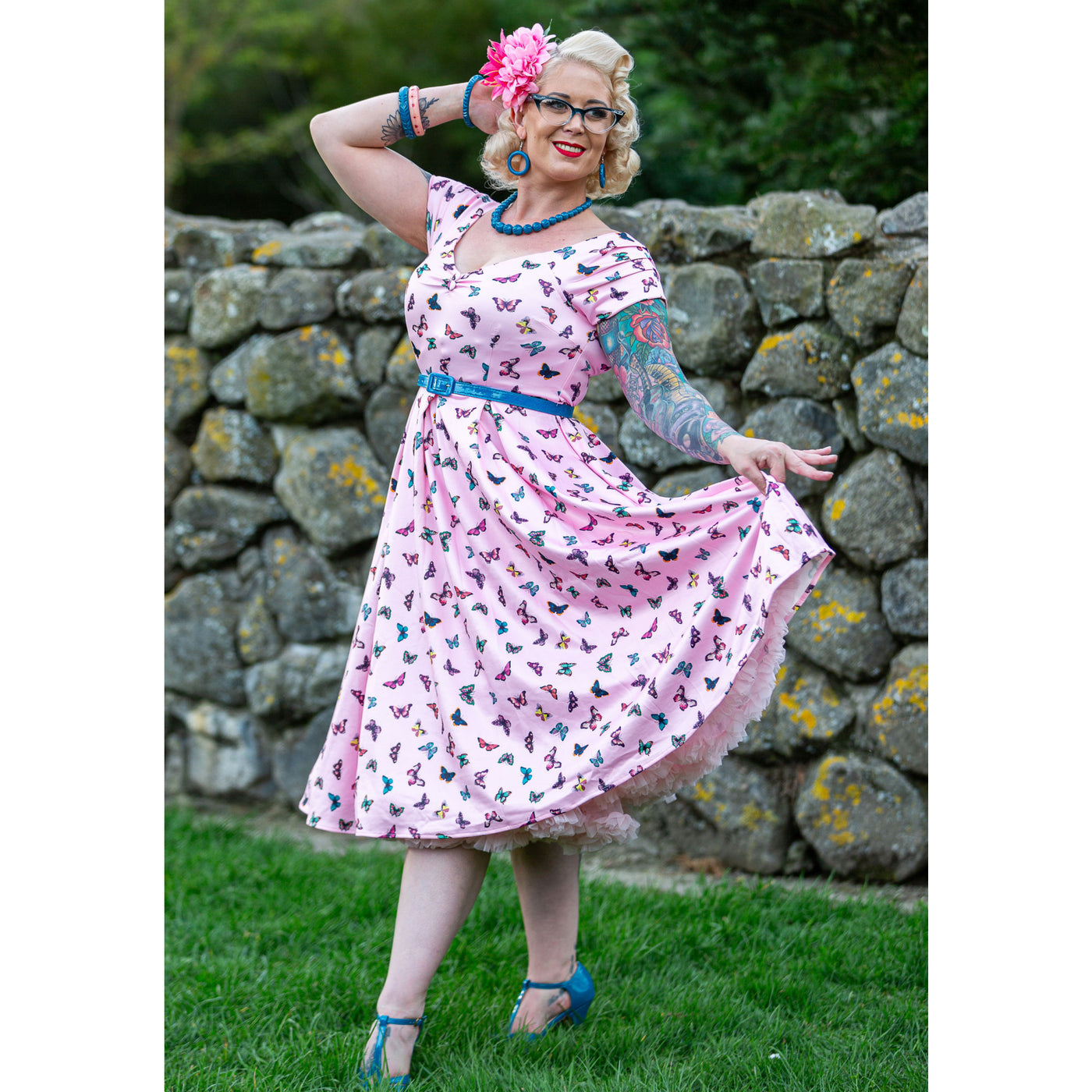 Lily Retro Off Shoulder Dress Pink & Colourful Butterflies