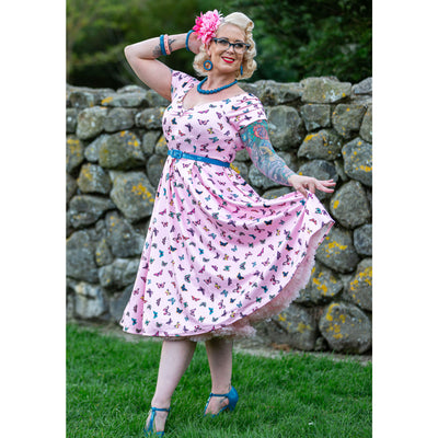 Lily Retro Off Shoulder Dress Pink & Colourful Butterflies