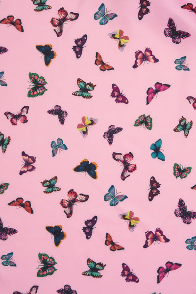 Lily Retro Off Shoulder Dress Pink & Colourful Butterflies