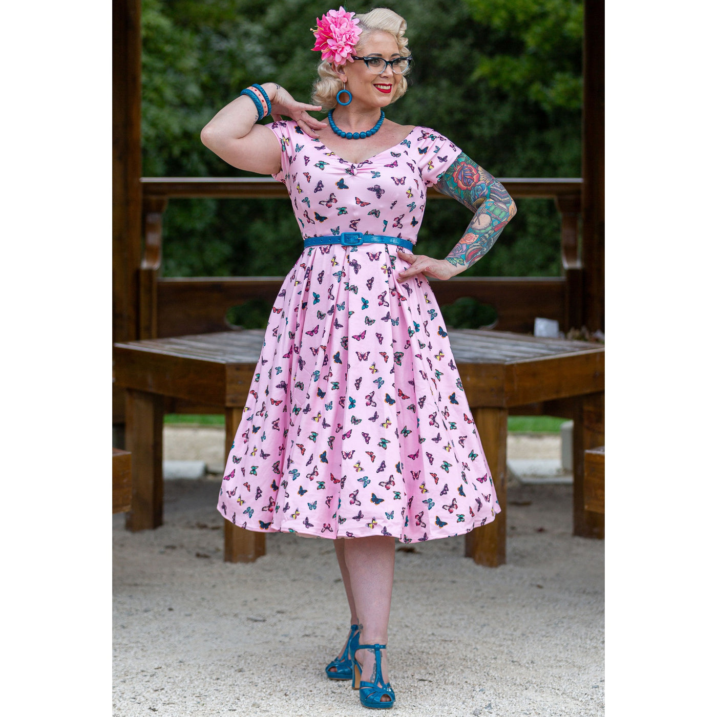 Lily Retro Off Shoulder Dress Pink & Colourful Butterflies