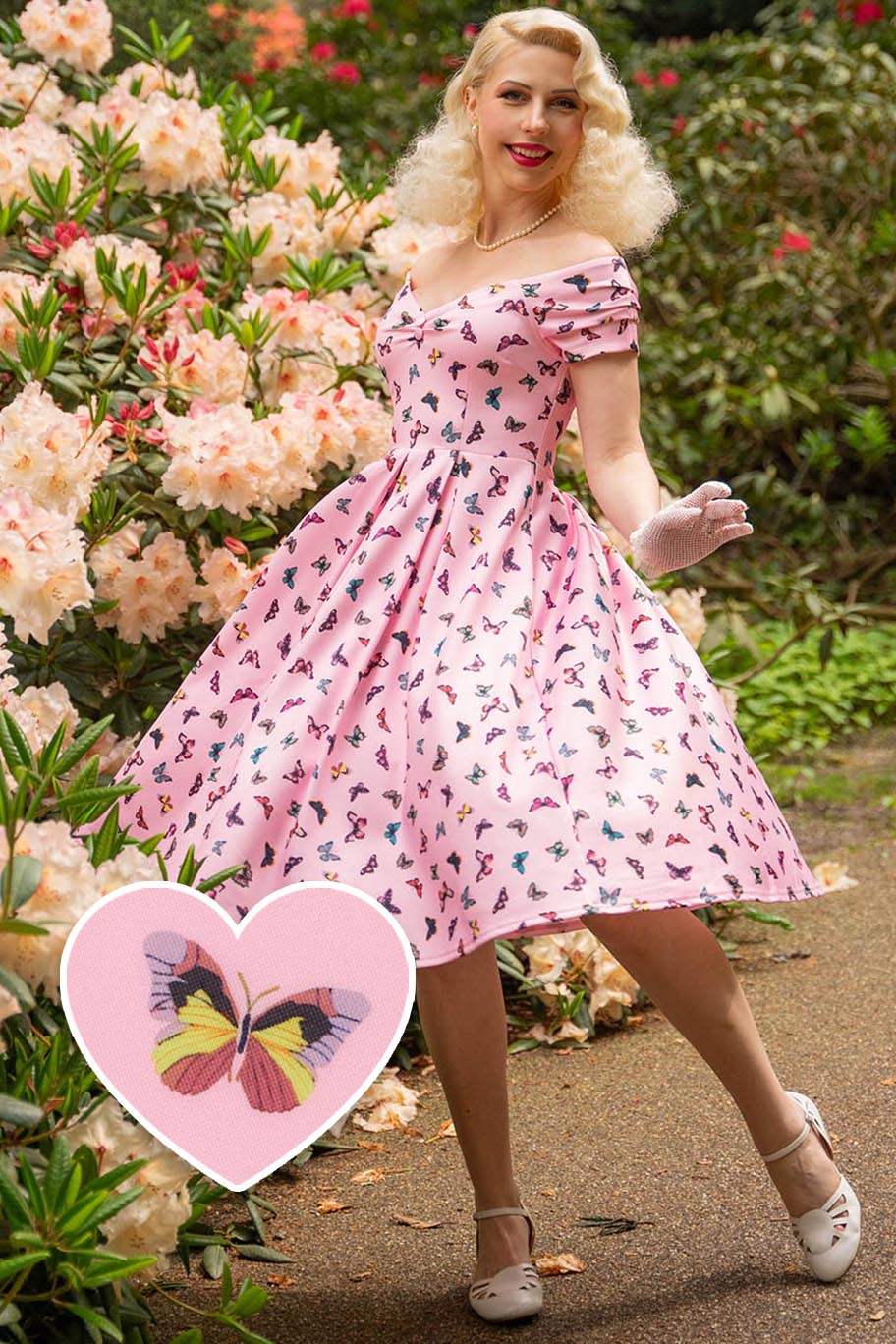 Lily Retro Off Shoulder Dress Pink & Colourful Butterflies