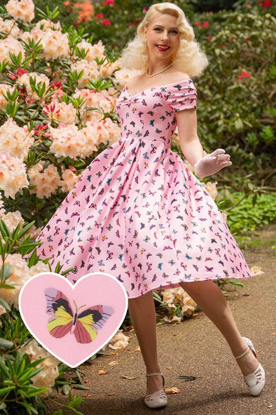 Lily Retro Off Shoulder Dress Pink & Colourful Butterflies