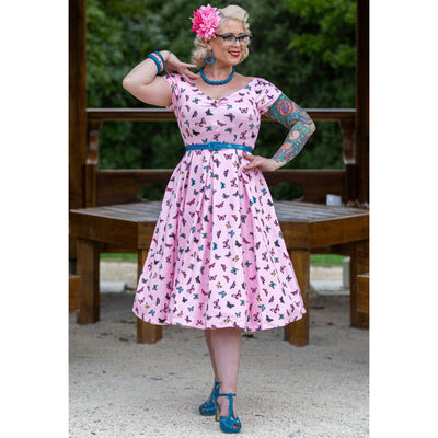 Lily Retro Off Shoulder Dress Pink & Colourful Butterflies