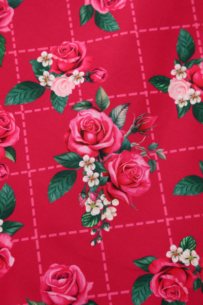 PRE ORDER Lily Pink Off Shoulder 50s Inspired Rose Grid Print Dress