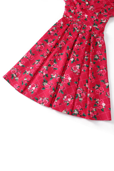 PRE ORDER Lily Pink Off Shoulder 50s Inspired Rose Grid Print Dress