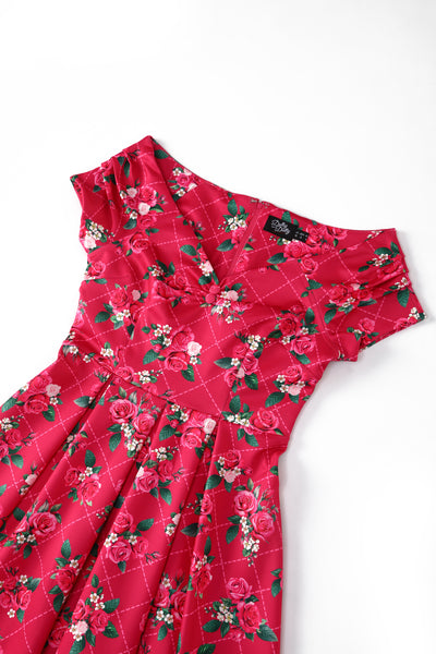 PRE ORDER Lily Pink Off Shoulder 50s Inspired Rose Grid Print Dress