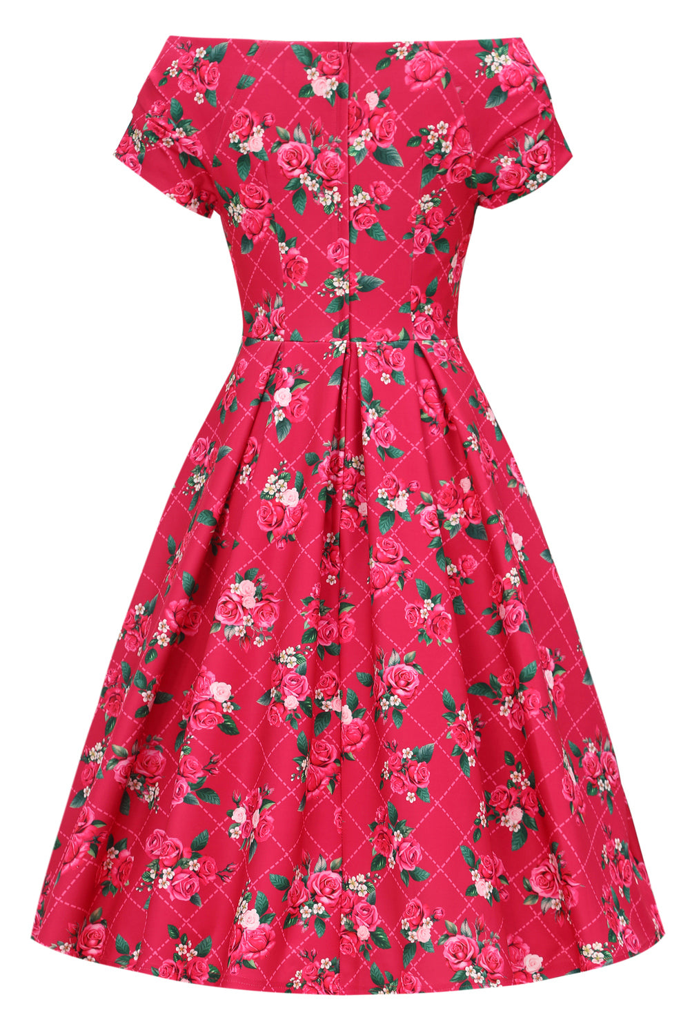 PRE ORDER Lily Pink Off Shoulder 50s Inspired Rose Grid Print Dress
