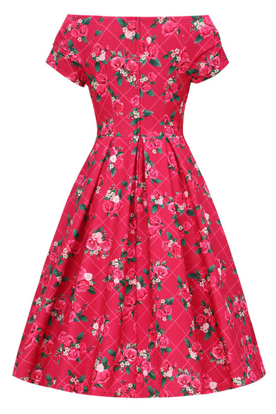 EU STOCK Lily Pink Off Shoulder 50s Inspired Rose Grid Print Dress
