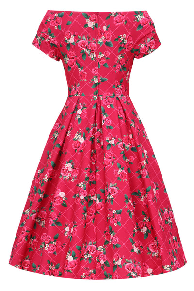 PRE ORDER Lily Pink Off Shoulder 50s Inspired Rose Grid Print Dress