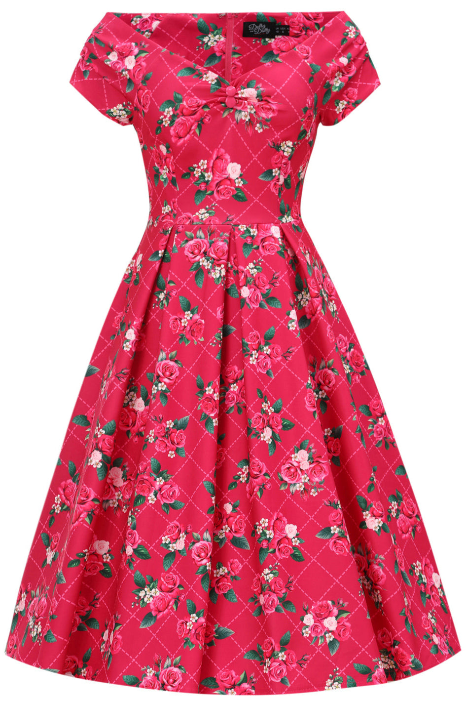 PRE ORDER Lily Pink Off Shoulder 50s Inspired Rose Grid Print Dress