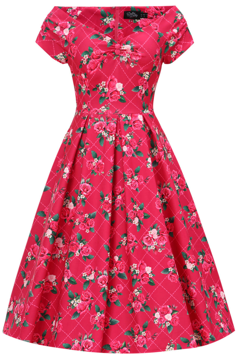 PRE ORDER Lily Pink Off Shoulder 50s Inspired Rose Grid Print Dress