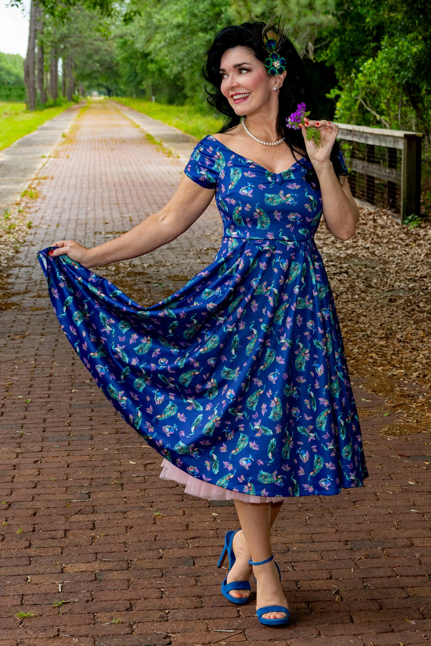 Lily Off Shoulder Purple Peacock Swing Dress