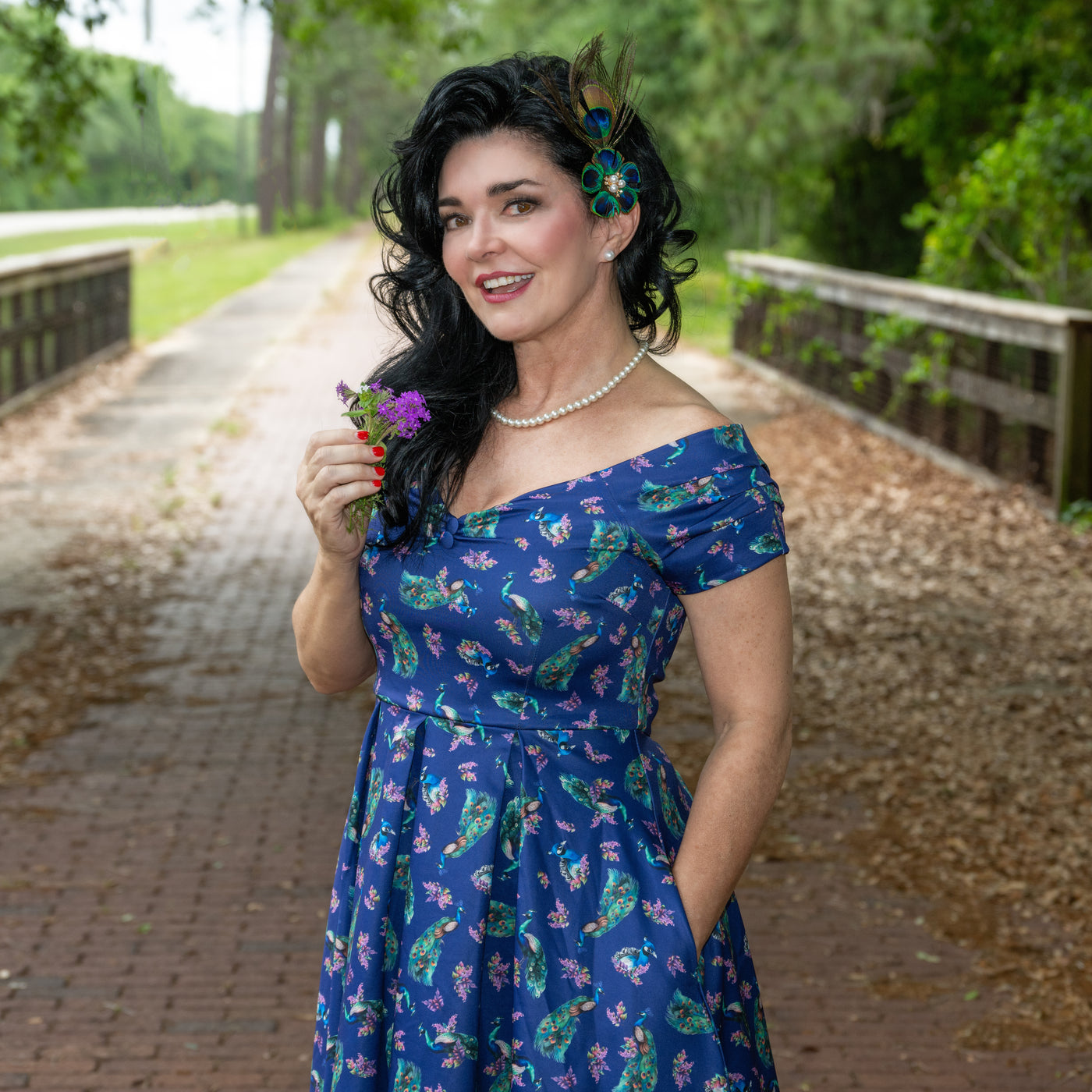 Lily Off Shoulder Purple Peacock Swing Dress