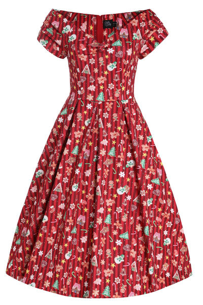 Lily Retro Off Shoulder in Christmas Cookie Print Swing Dress