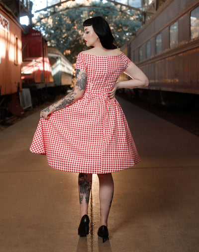 Lily Off Shoulder Red Gingham Swing Dress
