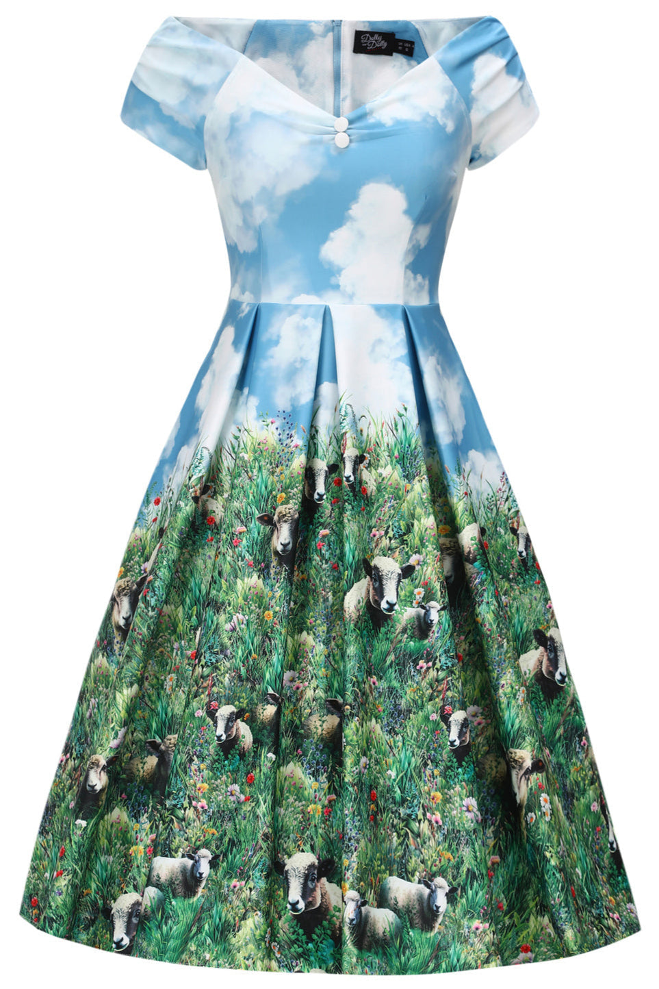 EU STOCK Lily Sky Blue Off Shoulder 50s Inspired White Cloud & Sheep Print Dress