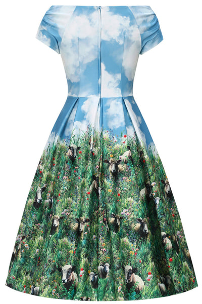 EU STOCK Lily Sky Blue Off Shoulder 50s Inspired White Cloud & Sheep Print Dress