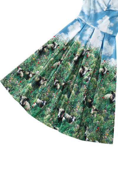 EU STOCK Lily Sky Blue Off Shoulder 50s Inspired White Cloud & Sheep Print Dress