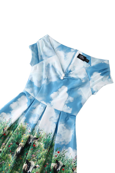 EU STOCK Lily Sky Blue Off Shoulder 50s Inspired White Cloud & Sheep Print Dress