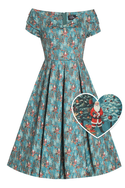 Lily Teal Off Shoulder Santa Claus Print Christmas Dress