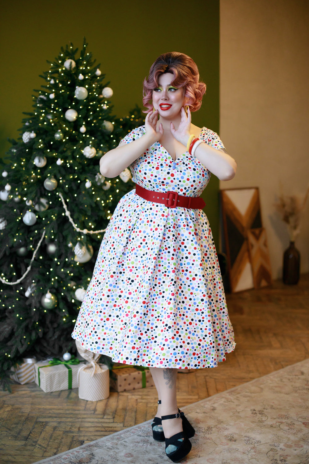 Lily Colourful Polka Dot Off Shoulder Dress
