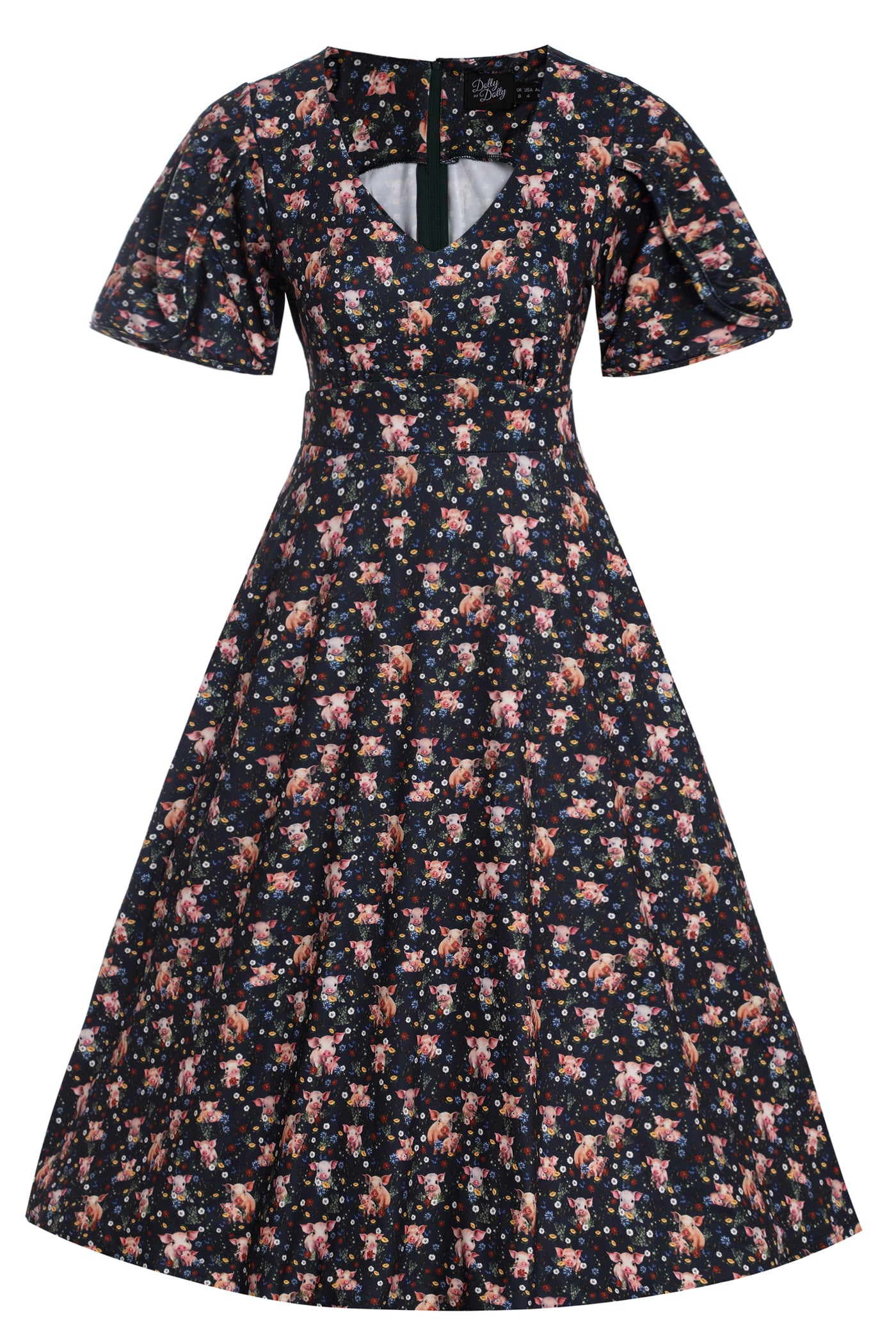 Janice Pig Print Petal Sleeved Dress