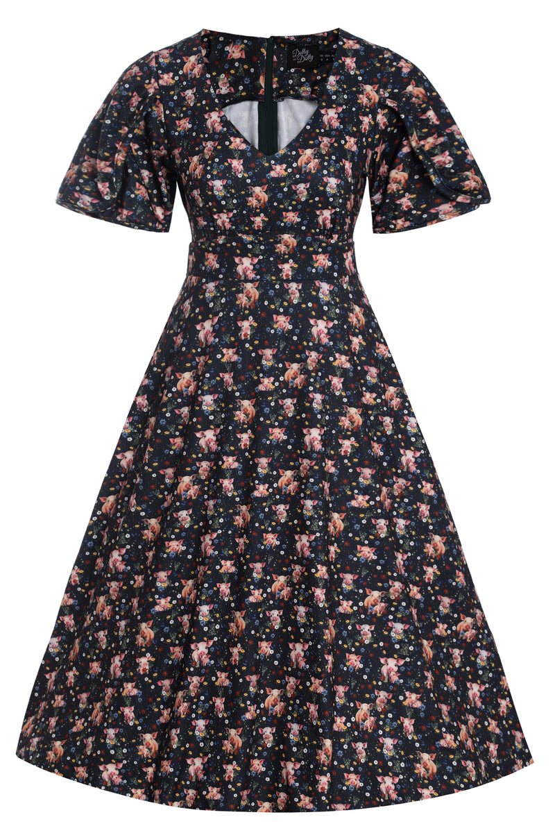 Janice Pig Print Petal Sleeved Dress