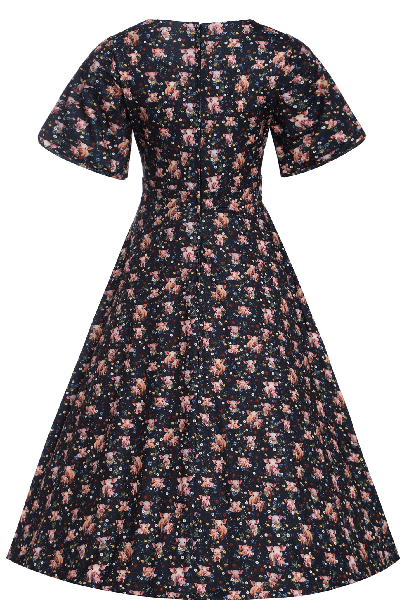 Janice Pig Print Petal Sleeved Dress