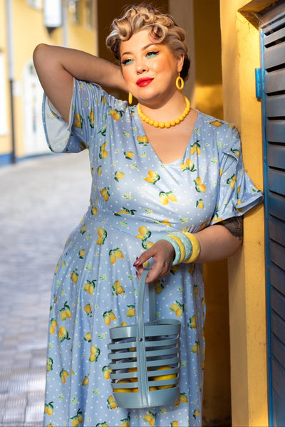 EU STOCK Janice Light Blue Dress with Lemons  and White Polka Dots