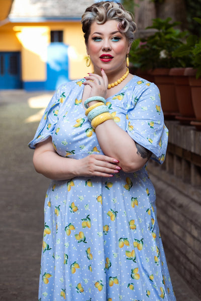 EU STOCK Janice Light Blue Dress with Lemons  and White Polka Dots