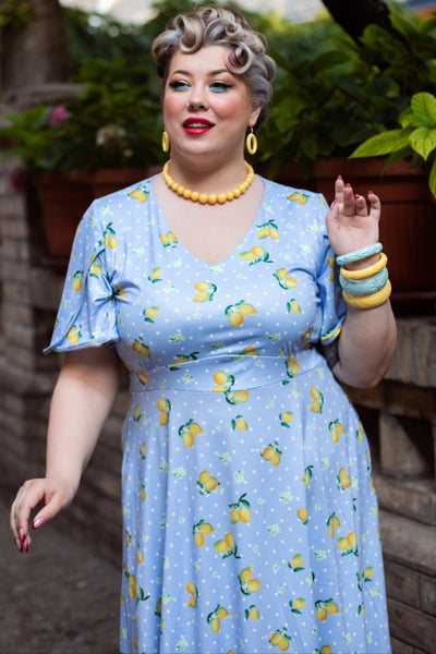 EU STOCK Janice Light Blue Dress with Lemons  and White Polka Dots