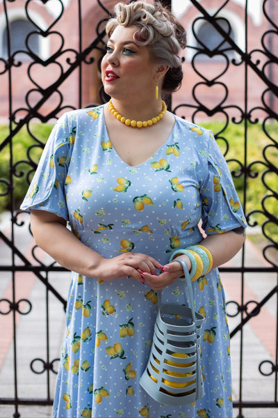 EU STOCK Janice Light Blue Dress with Lemons  and White Polka Dots