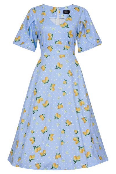 Janice Light Blue Dress with Lemons  and White Polka Dots