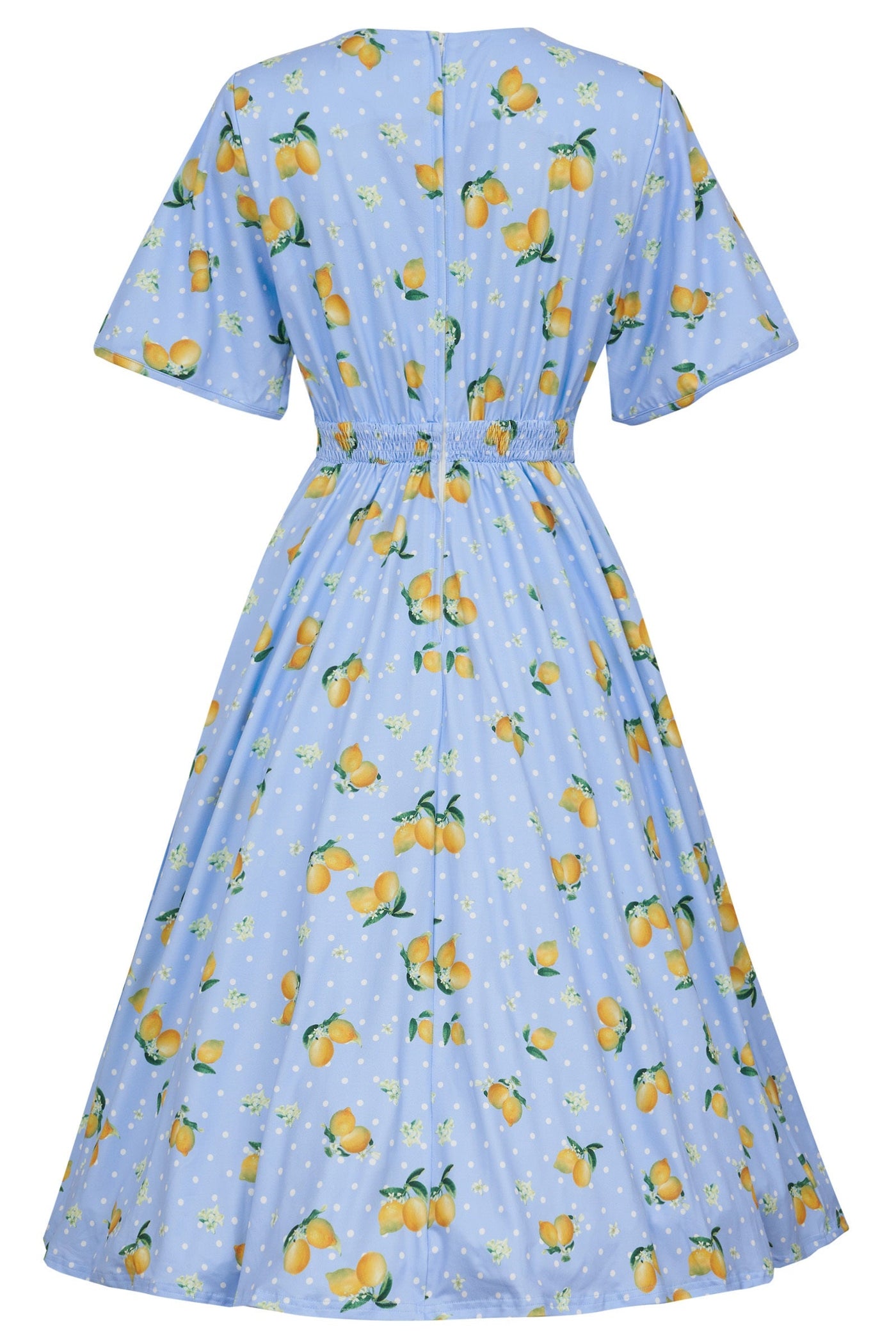 Janice Light Blue Dress with Lemons  and White Polka Dots