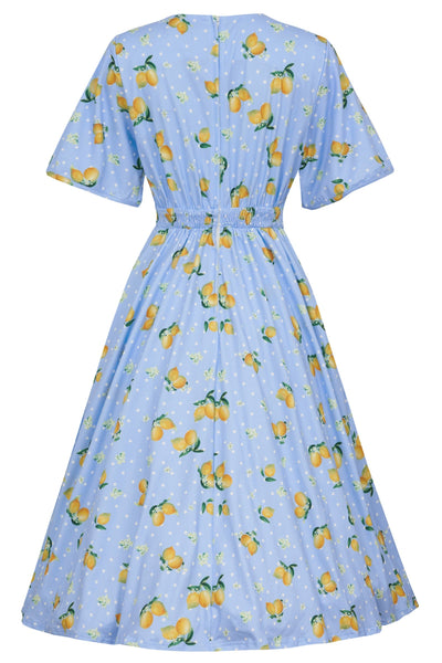 Janice Light Blue Dress with Lemons  and White Polka Dots