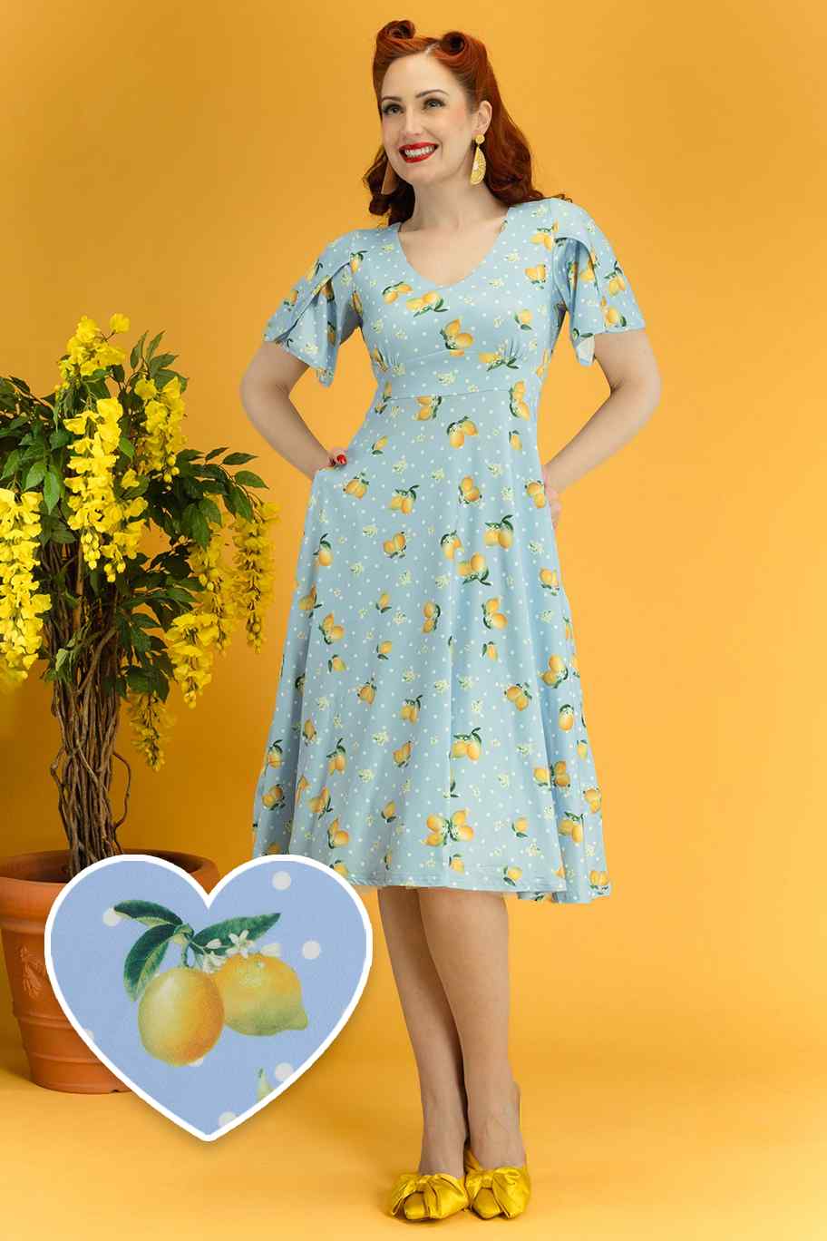 Janice Light Blue Dress with Lemons  and White Polka Dots
