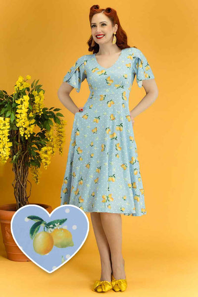 Janice Light Blue Dress with Lemons  and White Polka Dots