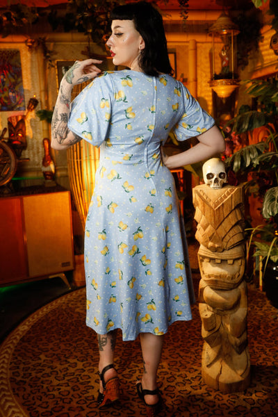 EU STOCK Janice Light Blue Dress with Lemons  and White Polka Dots